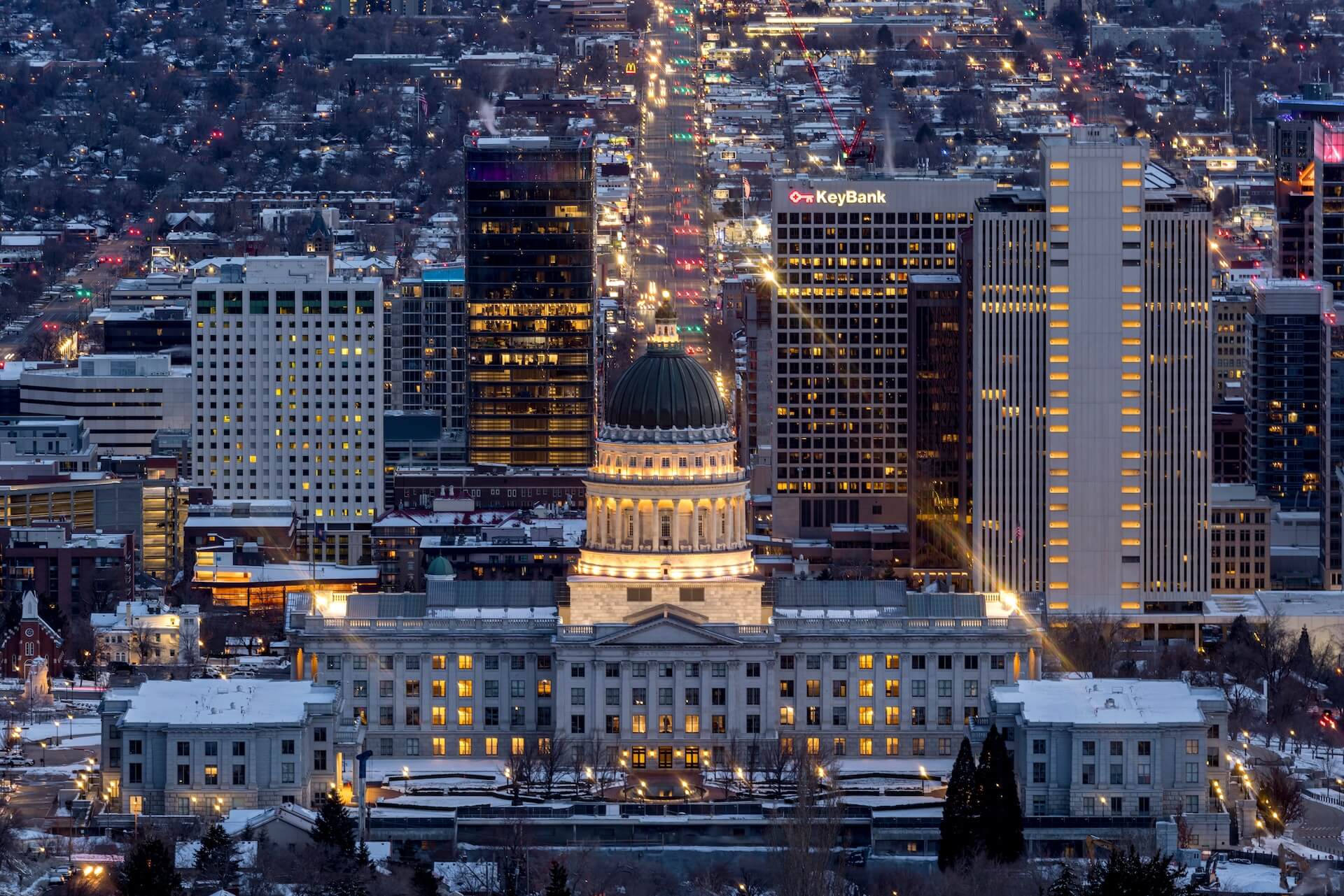 City scape with a capitol building.